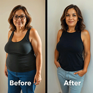Before and After transformation with BellyButtonBliss, showcasing effective weight loss results.